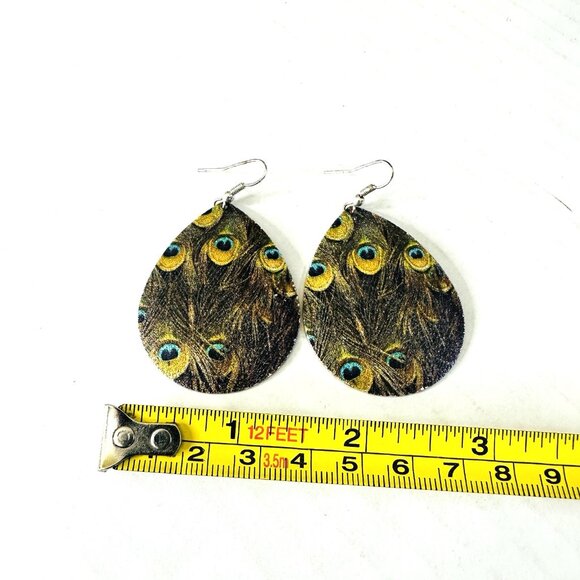 VTG Metal Peacock Bird Feather Earrings Drop Dangle Fishhook Sparkle Teardrop 2” - Picture 3 of 4